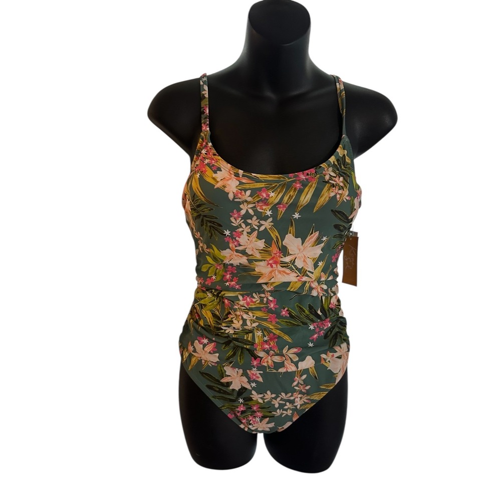 New with Tags Kona Sol Aqua Green Floral Ruched One Piece Swimsuit Small 4-6